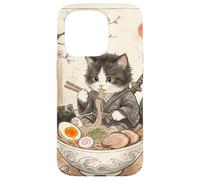 Carcasa para iPhone 15 Pro Samurai Ninja Cute Cat Ramen Bowl Japonés Acuarela Japón