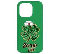 Carcasa para iPhone 15 Pro Scrub Life Nurse Green Leopard Shamrock Día de San Patricio