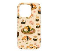 Carcasa para iPhone 15 Pro Shiba Inu Lindo Sushi Divertido Comida Japonesa Rosa Floral