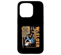 Carcasa para iPhone 15 Pro Soldador Bandera Americana Soldadura Fe Cruz Cristiana Religiosa
