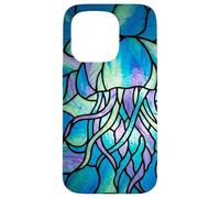 Carcasa para iPhone 15 Pro Stained Glass Jellyfish Blue Purple Mosaic Ocean Art
