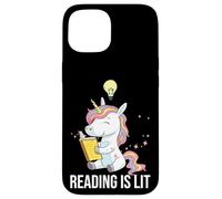 Carcasa para iPhone 15 Reading Is Lit Unicorn Library Inglés Profesor Amante de los Libros