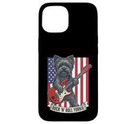 Carcasa para iPhone 15 Rock N Roll Yorkie Dog Playing Guitar USA Flag Puppy