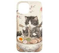 Carcasa para iPhone 15 Samurai Ninja Cute Cat Ramen Bowl Japonés Acuarela Japón