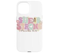 Carcasa para iPhone 15 She Is Strong Proverbs 31:22 Gráfico Floral