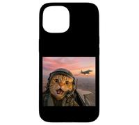 Carcasa para iPhone 15 Vintage Fighter Pilot Cat Cool Look Aviación Selfie Art