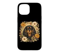 Carcasa para iPhone 15 Vintage Flowers Black Tan Cavalier King Charles Spaniel Dog