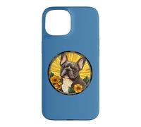 Carcasa para iPhone 15 Womens Girls Floral Flowers Round Black French Bulldog Lover