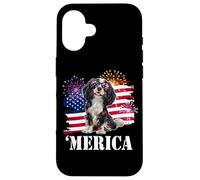 Carcasa para iPhone 16 American 4th July Fourth USA Flag Tri Color Cavalier Dog