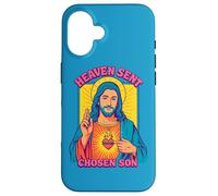Carcasa para iPhone 16 Anime Manga Jesús Sagrado Corazón Cristiano Retro Pop Art Azul