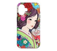 Carcasa para iPhone 16 Arte de Anime Kawaii Japanese Vibe Kimono Girl Flowers