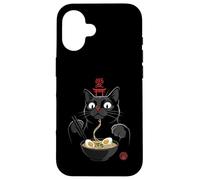 Carcasa para iPhone 16 Black Cat Eating Ramen Noodles Japan Kanji Love Anime Design