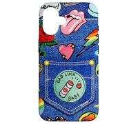 Carcasa para iPhone 16 Blue Denim Patch Pattern Bad Luck Babe 90s Diseño estético