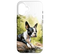 Carcasa para iPhone 16 Boston Terrier Acuarela Perro Bosque Naturaleza Amante Bos