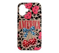 Carcasa para iPhone 16 Brown Cheetah America Girls con Estampado de Leopardo, Cereza y Lazo