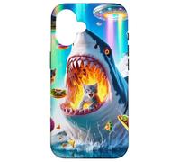 Carcasa para iPhone 16 Cat Kitty Montando Fuego Respirando Tiburón Arco Iris Laser