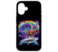 Carcasa para iPhone 16 Cat Riding Dinosaur Trex UFO Taco Donuts In Galaxy