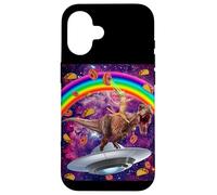 Carcasa para iPhone 16 Cat Riding Dinosaur Trex UFO Taco Donuts In Galaxy