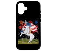 Carcasa para iPhone 16 Cat Unicorn 4th of July Patriotic American Flag Fireworks