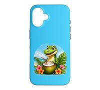 Carcasa para iPhone 16 Cocodrilo Divertido en la Playa, Flores Tropicales de Coco