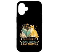 Carcasa para iPhone 16 Coffee First Book Second Cat Always Reading Library Cat Love