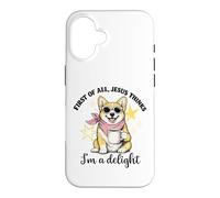 Carcasa para iPhone 16 Corgi En Primer Lugar, Jesús Piensa Que Soy una Delicia de Las Mujeres de la Iglesia