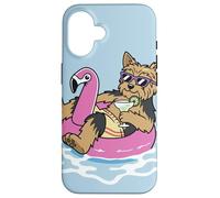Carcasa para iPhone 16 Divertido Flotador de Piscina Yorkshire Flamingo Summer Party Vibes