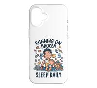 Carcasa para iPhone 16 Divertido niño Cansado Nuevo papá Corriendo en el sueño Roto Diario