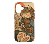 Carcasa para iPhone 16 Divertido Sushi Samurai Cat Dojo Puesta de Sol Ukiyo-e Manga Kanji Art