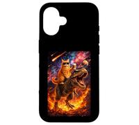 Carcasa para iPhone 16 Funny Coffee Orange Cat Riding T-Rex in Cosmic Galaxy UFO