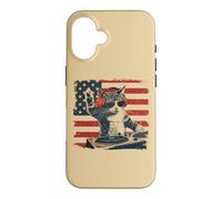 Carcasa para iPhone 16 Funny DJ Cat Disco Sound Tech Headphone Music US Flag