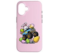 Carcasa para iPhone 16 Funny Easter Bunny Monster Truck aplastando Huevos de Pascua para niños