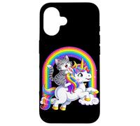 Carcasa para iPhone 16 Gato Montando Unicornio Arco Iris Fantasía Lindo