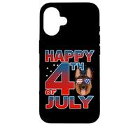 Carcasa para iPhone 16 German Shepherd Dog American Flag Glasses Happy 4th of July
