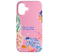 Carcasa para iPhone 16 God Is Good Summer Ocean Preppy Pink Turtle & Coral