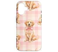Carcasa para iPhone 16 Golden Retriever Puppy Lazo Rosa Gingham Sweet Dog Design
