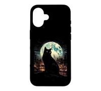 Carcasa para iPhone 16 Green Cat Luna Llena Ciudad Vigilante Noche Felino