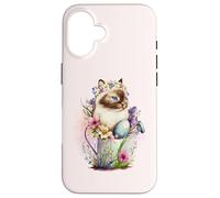 Carcasa para iPhone 16 Happy Easter Cat Easter Tea Cup Coffee Cat Siamese Floral