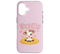 Carcasa para iPhone 16 Heno Girl Cute Cow Kawaii Farm Animal Pink Bow Hearts
