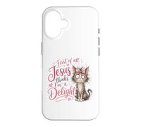 Carcasa para iPhone 16 Jesus Thinks I'm A Delight Funny Christian Faith Cat Lover