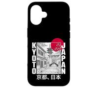 Carcasa para iPhone 16 Kioto Japón Pagoda Torii Puerta Rojo Sol Bosquejo Retro