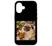 Carcasa para iPhone 16 Lazy Sunday Coffee Pug Funny Relaxing Meme