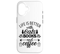 Carcasa para iPhone 16 Life is Better with Cats & Books Coffee Black Cat Book Lover