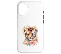 Carcasa para iPhone 16 Linda Acuarela bebé Tigre Cara Floral Selva Arte
