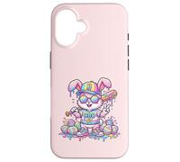 Carcasa para iPhone 16 Lindo Conejo de béisbol de Pascua arcoíris Goteo niños niños niños pequeños