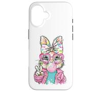 Carcasa para iPhone 16 Lindo Conejo de Pascua Signo de Paz Bubble Gum Spring Art Kids Girl