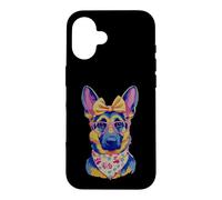 Carcasa para iPhone 16 Lindo Pastor Alemán Perro Amante Gráfico Rosa Gafas Amarillo