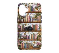 Carcasa para iPhone 16 Literary Cat Book Lover Floral Estantería Vitral