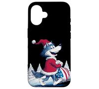 Carcasa para iPhone 16 Lobo Feliz con Bolsa de Papá Noel para Navidad Divertida