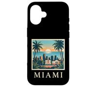 Carcasa para iPhone 16 Miami, Florida, costero, Ciudad, Horizonte, Retro, Puesta de Sol, Playa, Palmera